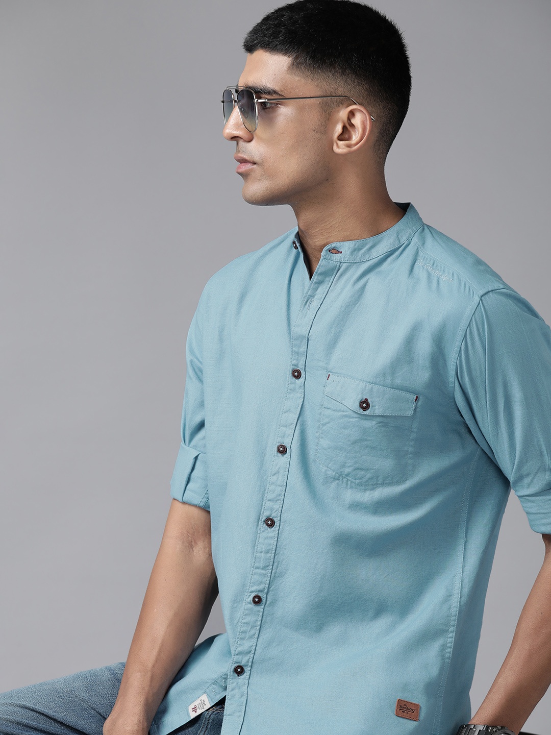 

Roadster The Lifestyle Co. Band Collar Cotton Casual Shirt, Turquoise blue