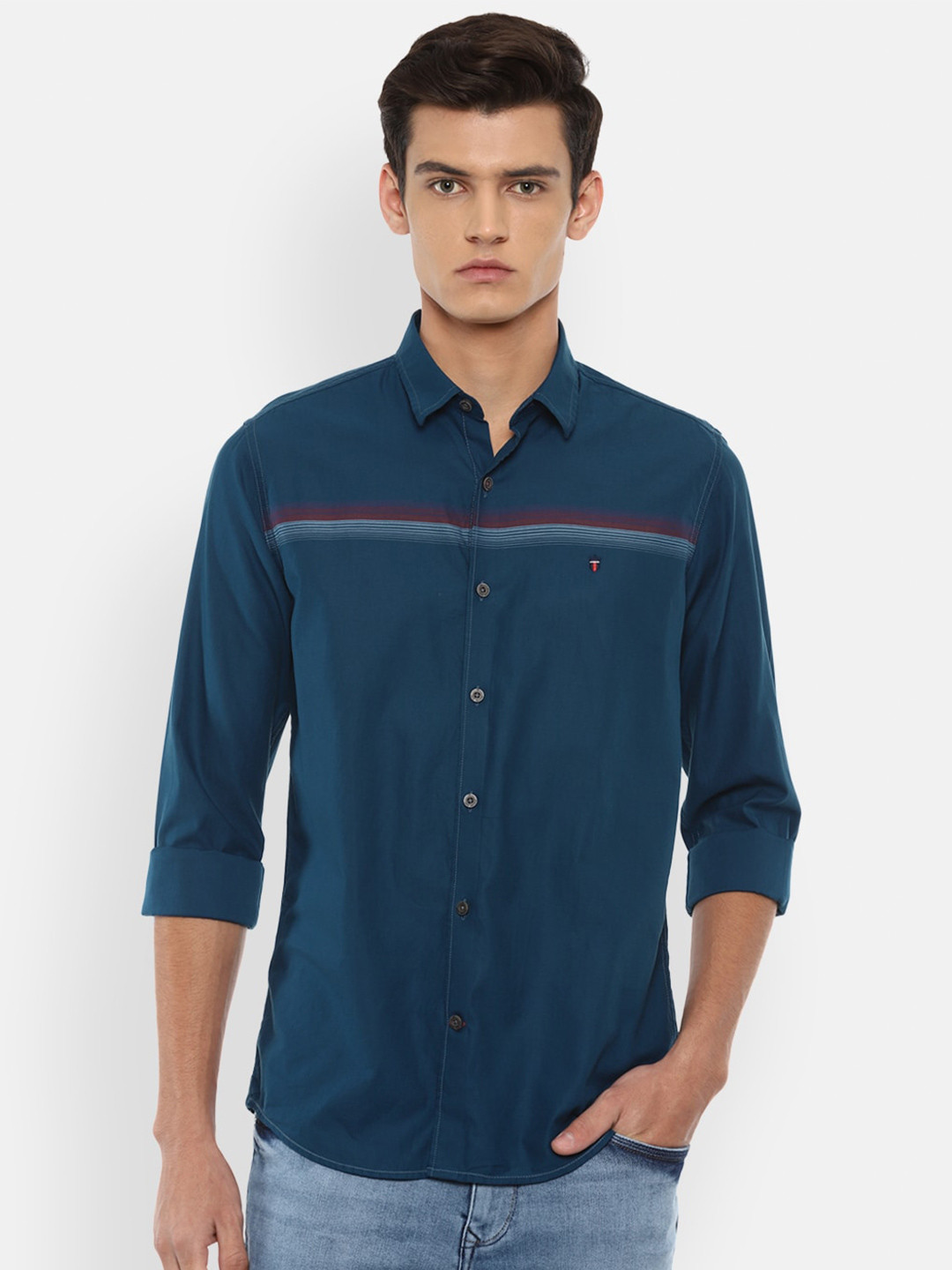 

Louis Philippe Sport Men Teal Cotton Slim Fit Horizontal Stripes Casual Shirt