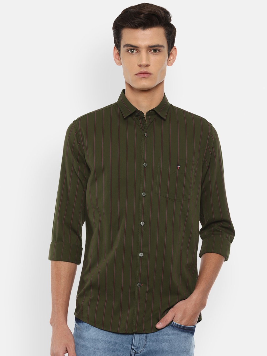 

Louis Philippe Sport Men Olive Green & Red Striped Slim Fit Casual Shirt