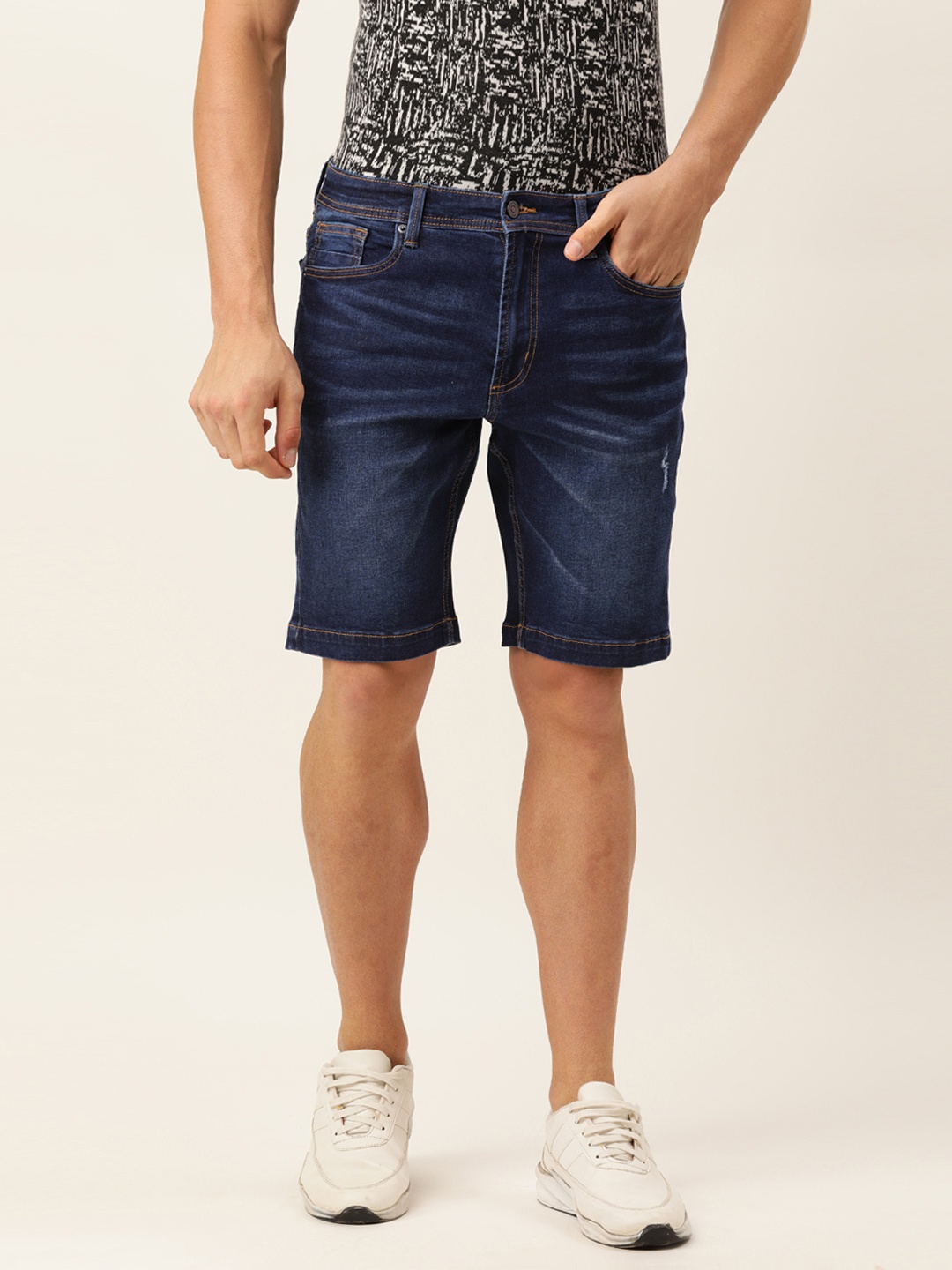 

Peter England Men Blue Solid Above Knee Casual Denim Shorts