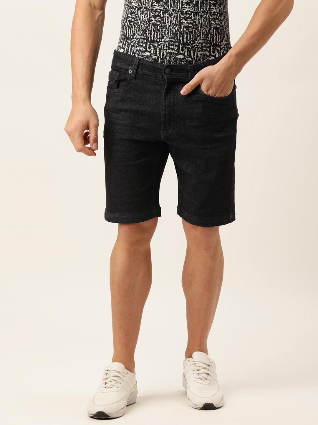 

Peter England Men Black Solid Above Knee Casual Denim Shorts