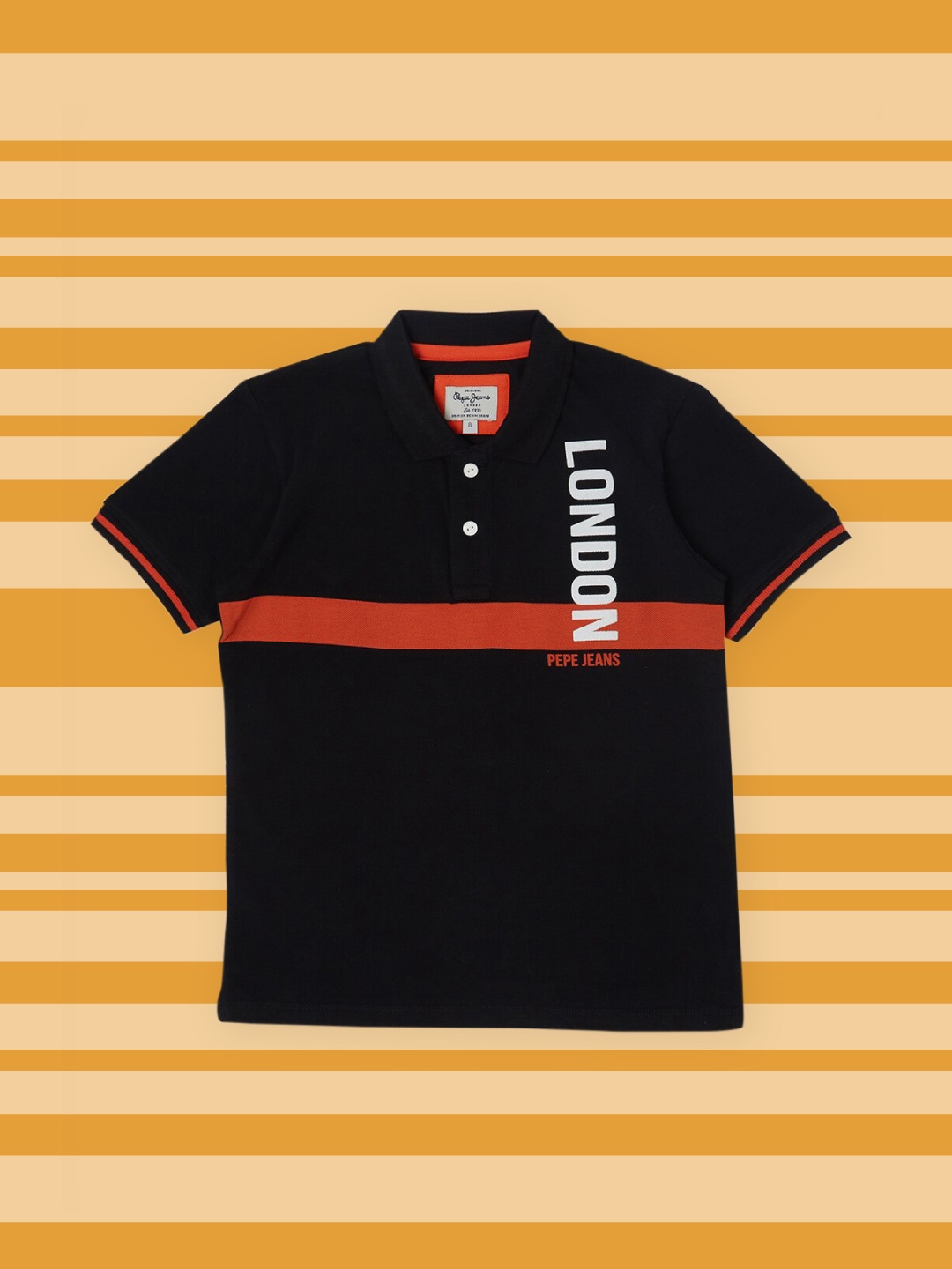 

Pepe Jeans Boys Black & Red Striped Polo Collar Pure Cotton T-shirt