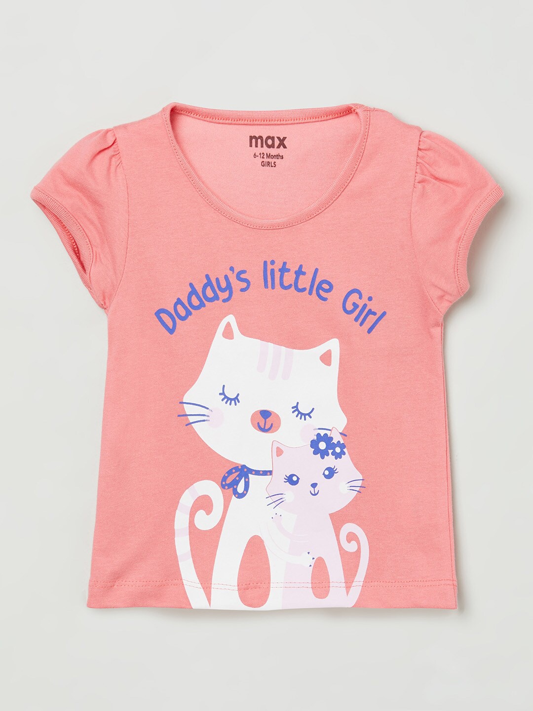 

max Girls Pink Printed Puff Sleeves Pure Cotton T-shirt