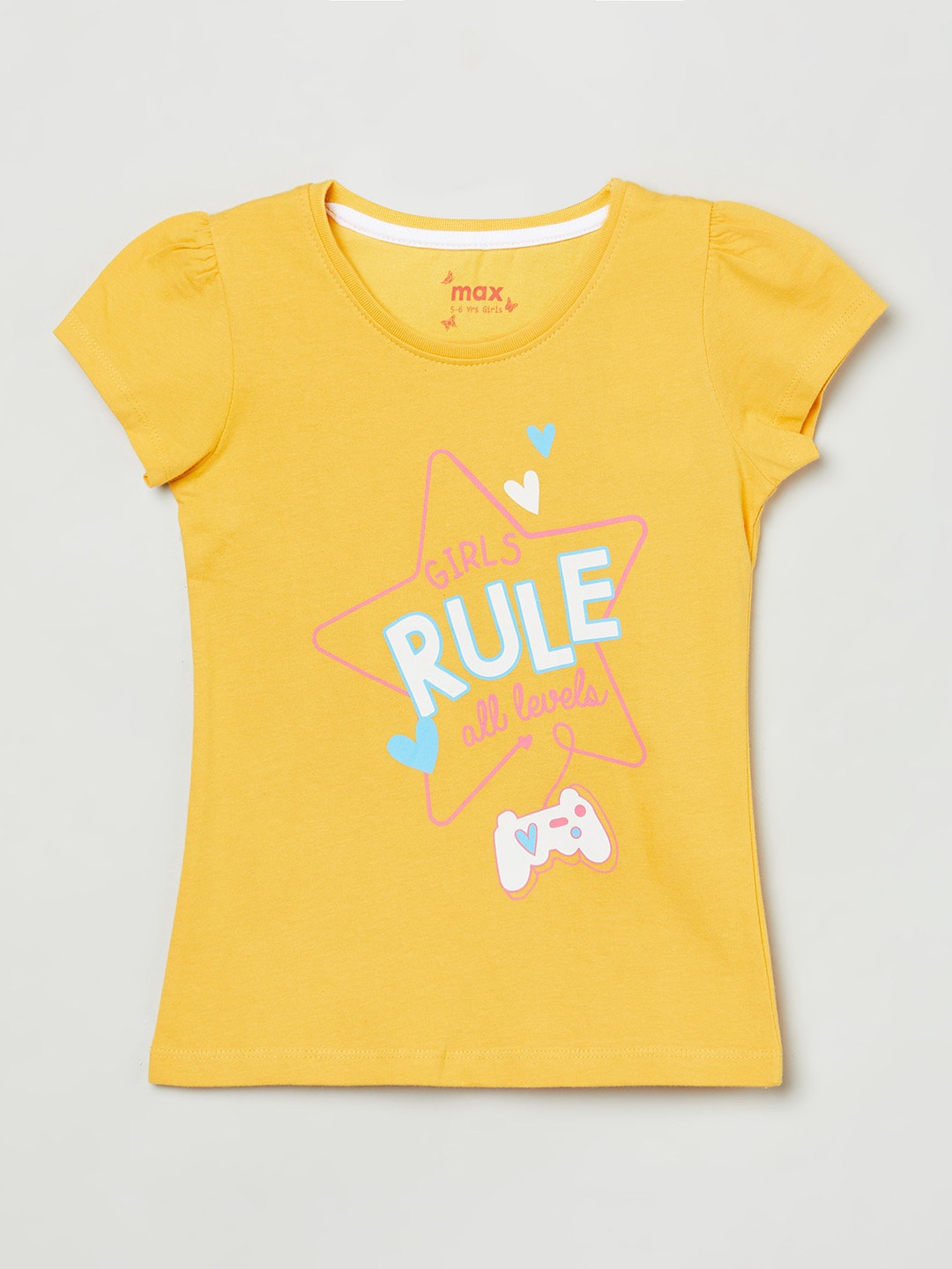 

max Girls Yellow & White Printed Pure Cotton T-shirt
