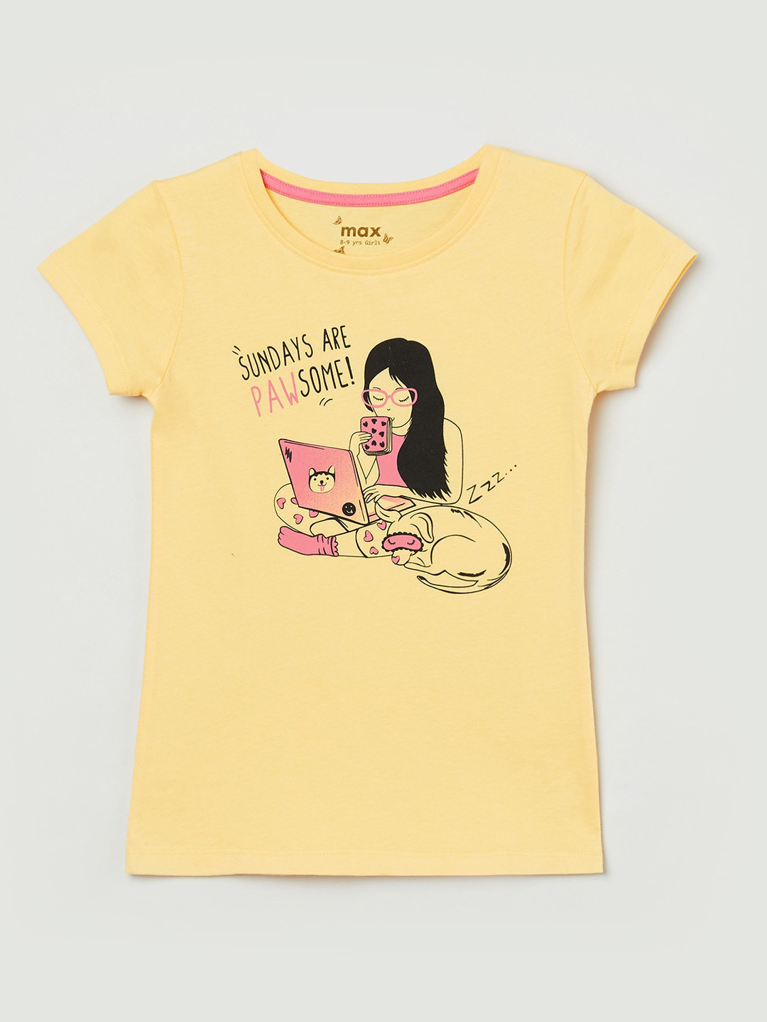 

max Girls Yellow Printed Pure Cotton T-shirt