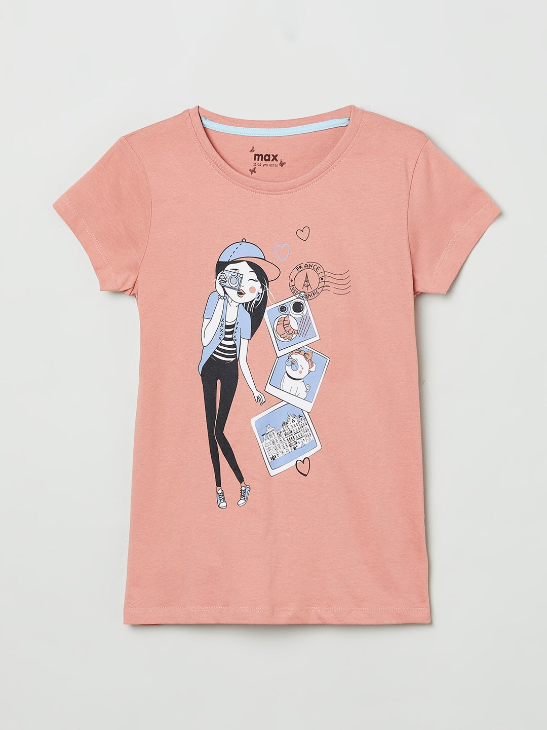 

max Girls Peach-Coloured Printed Pure Cotton T-shirt