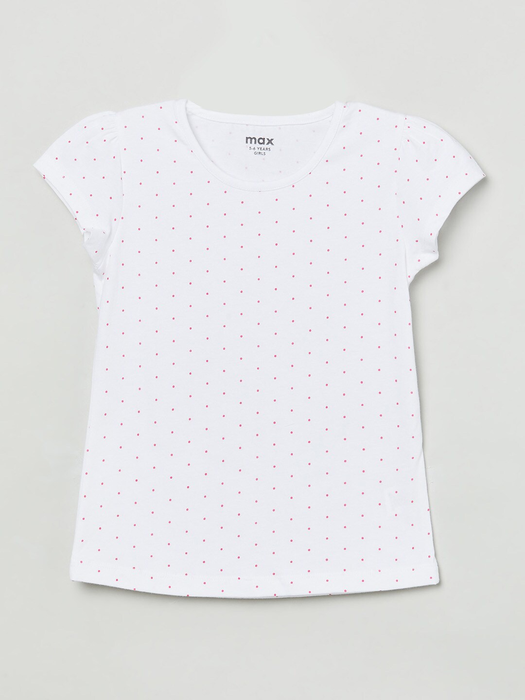 

max Girls White & Pink Polka Dots Printed Puff Sleeves Pure Cotton T-shirt