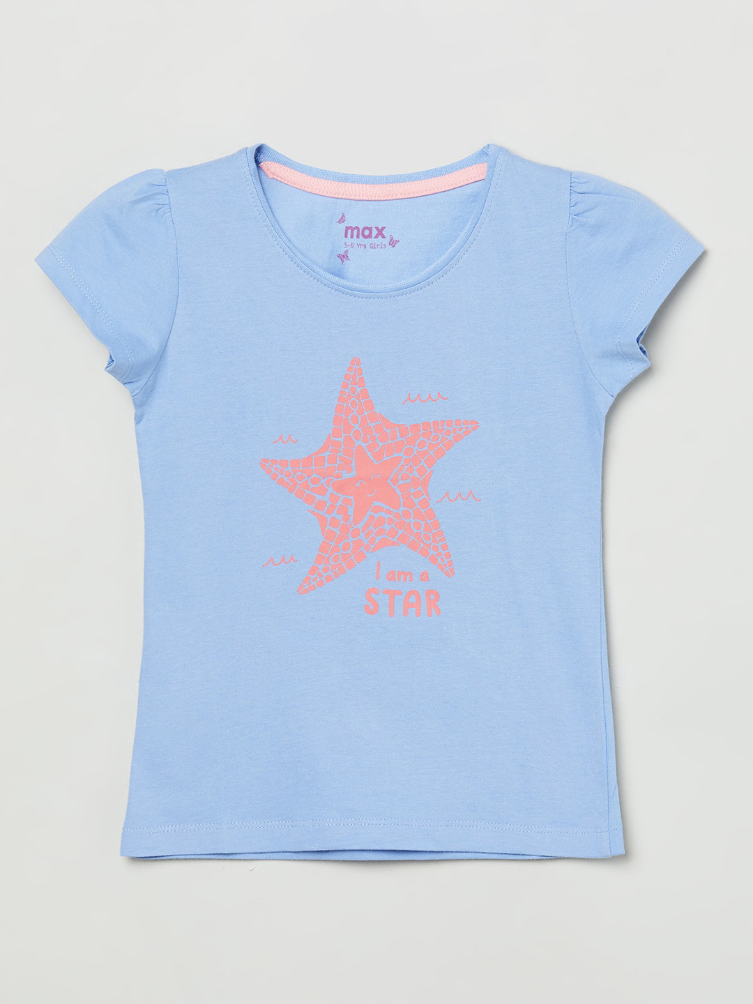 

max Girls Blue & Peach-Coloured Printed Pure Cotton T-shirt