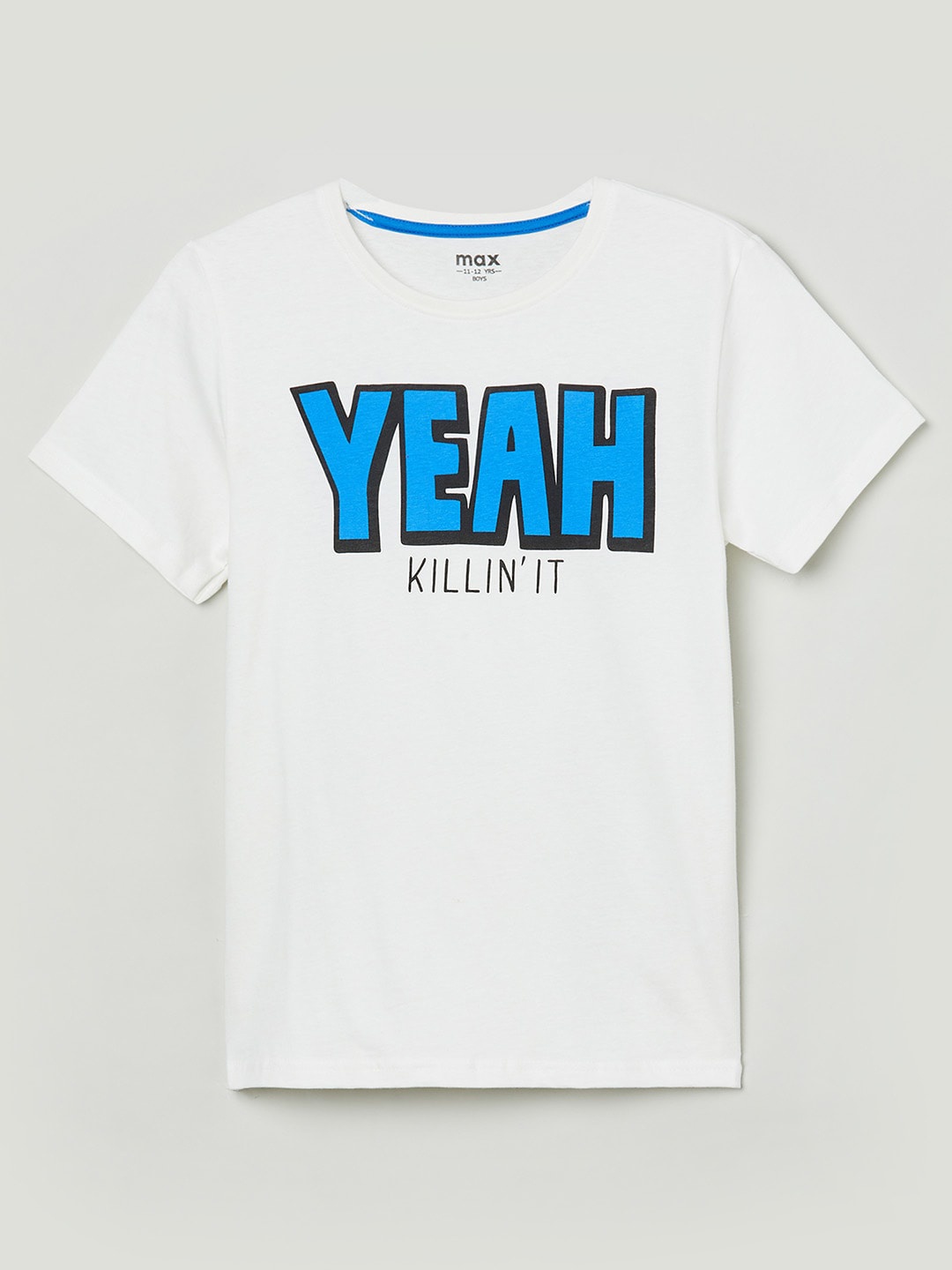 

max Boys White & Blue Typography Printed Pure Cotton T-shirt