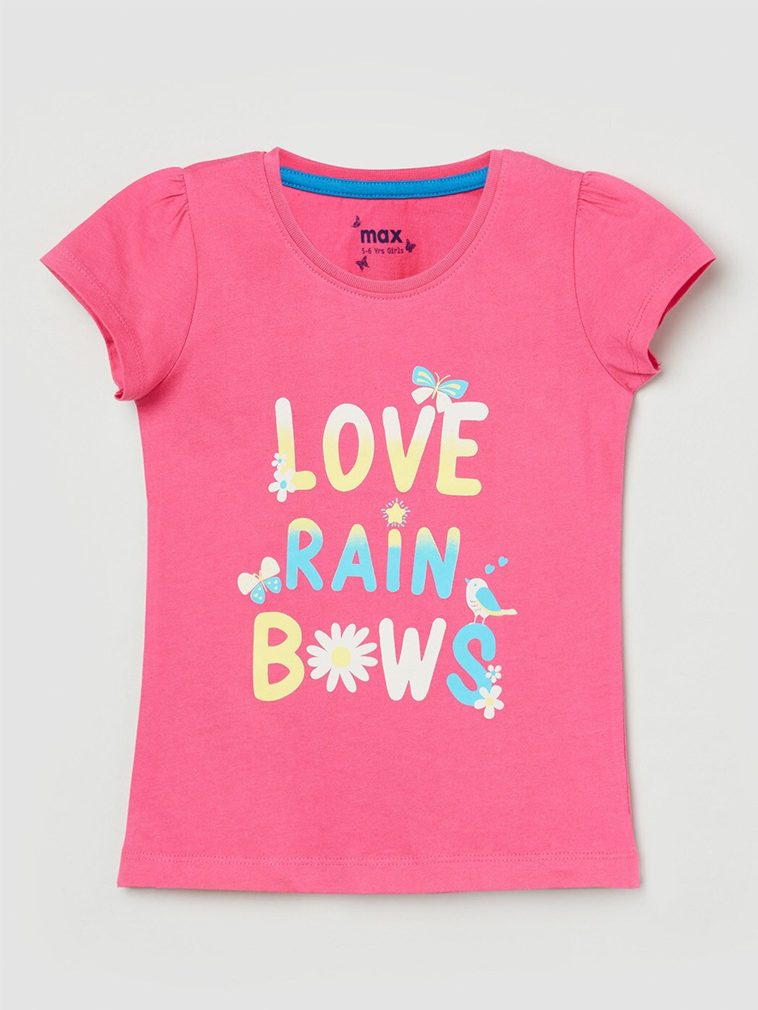 

max Girls Pink Typography Printed Puff Sleeves Pure Cotton T-shirt