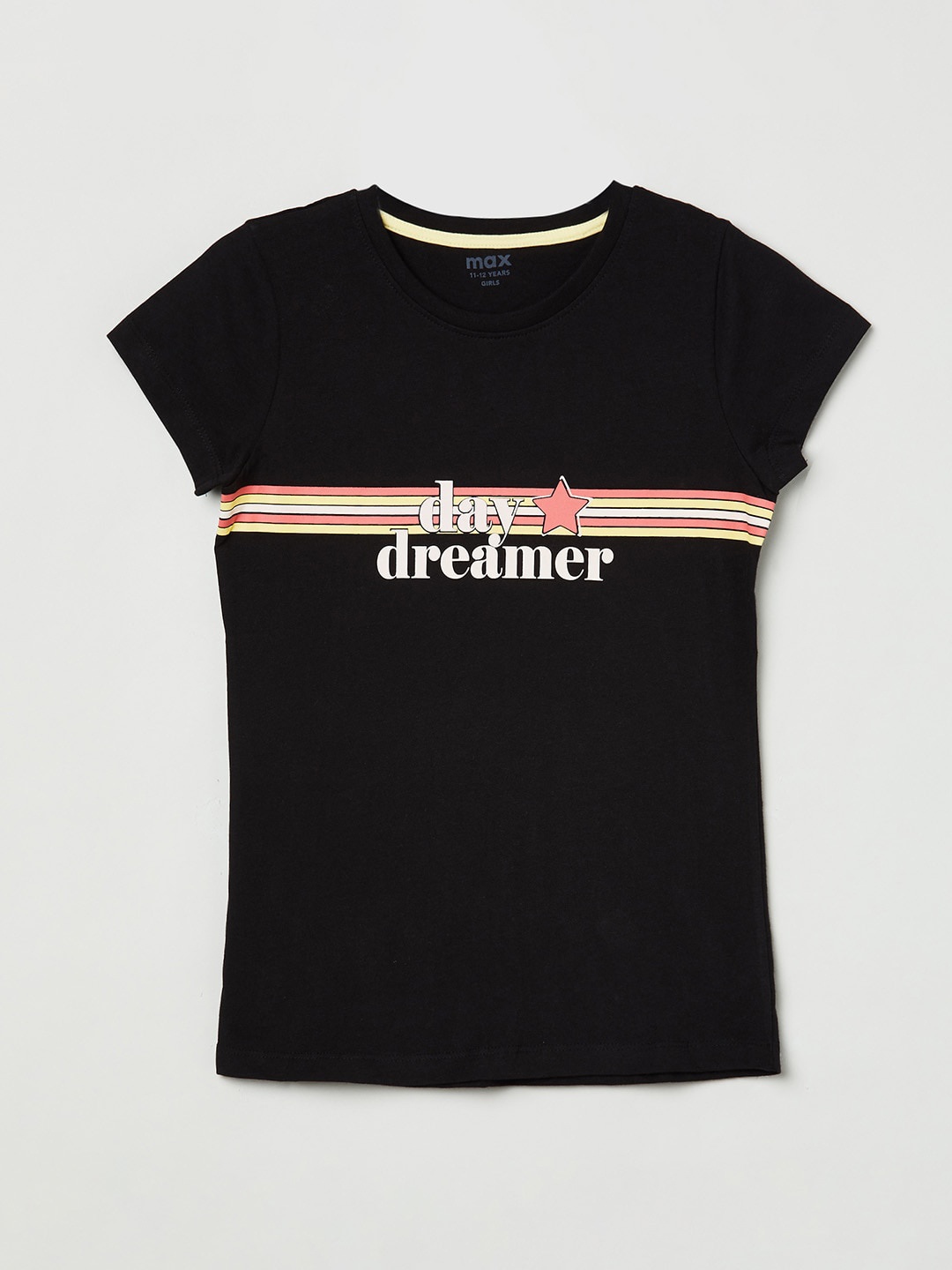 

max Girls Black Typography Pure Cottonq T-shirt