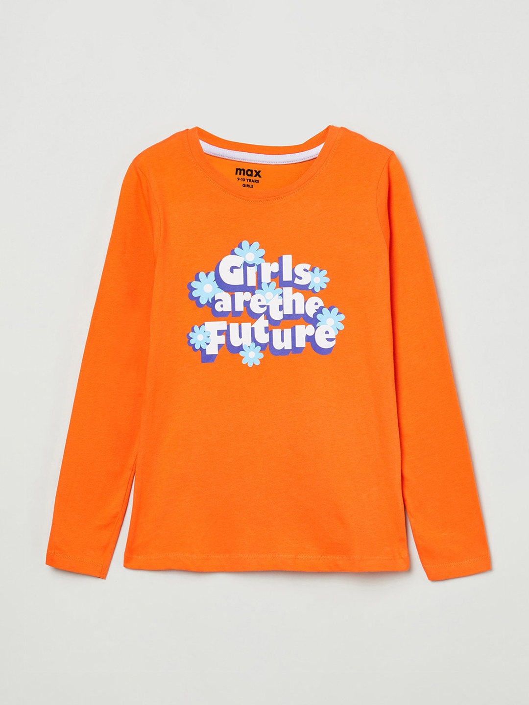 max Girls Orange Typography Printed Pure Cotton T-shirt