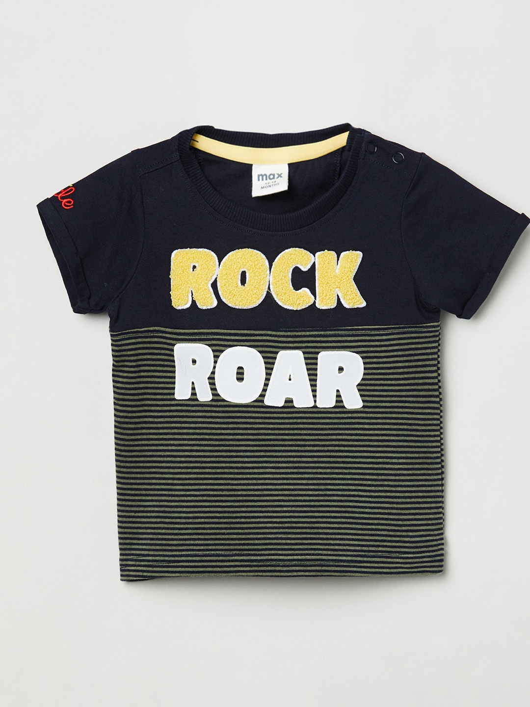

max Boys Navy Blue & Olive Green Striped Pure Cotton T-shirt