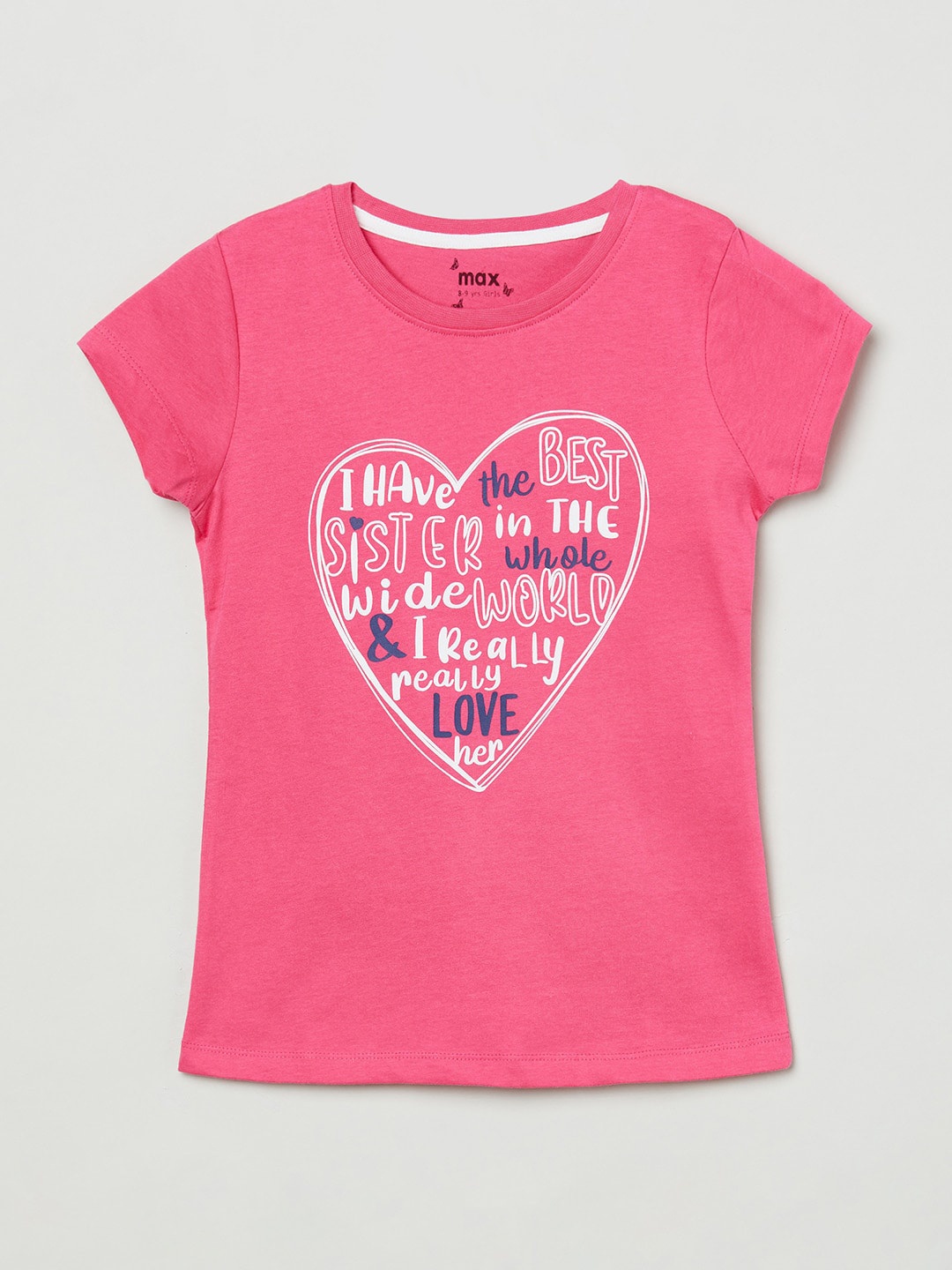 max Girls Pink Typography Printed Pure Cotton T-shirt