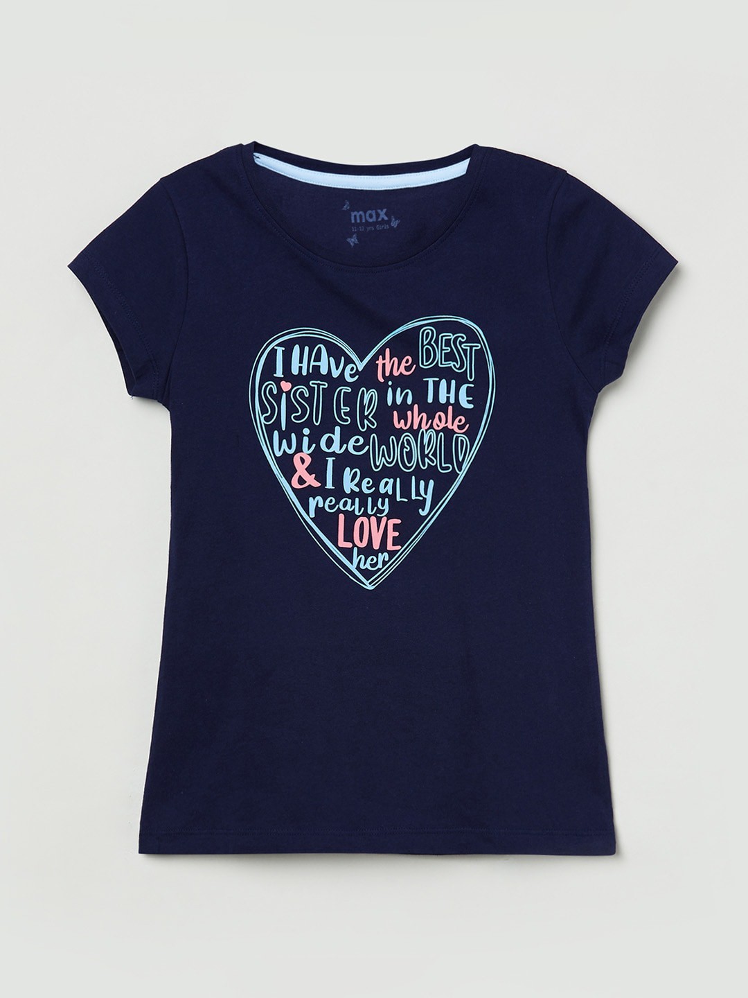 

max Girls Navy Blue Typography Pure Cotton T-shirt
