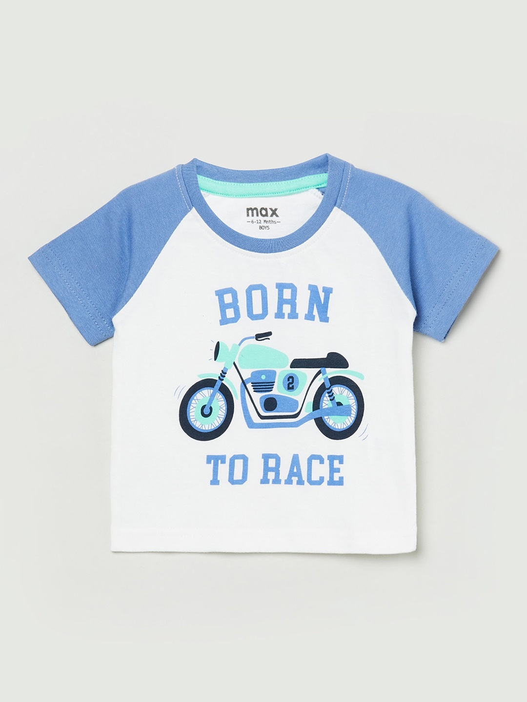 

max Boys White & Blue Printed Pure Cotton T-shirt