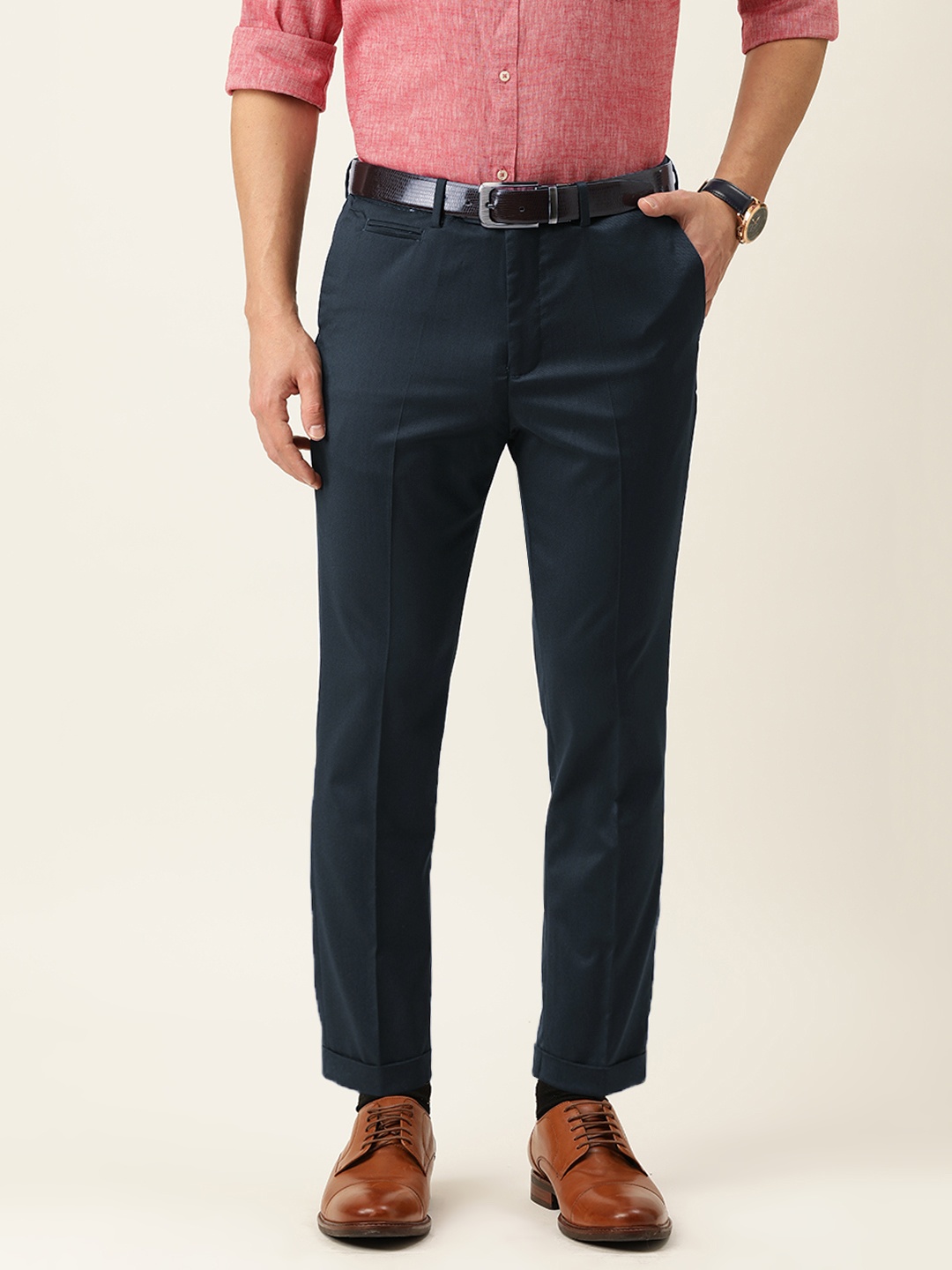 

Peter England Men Navy Blue Solid Skinny Fit Formal Trousers