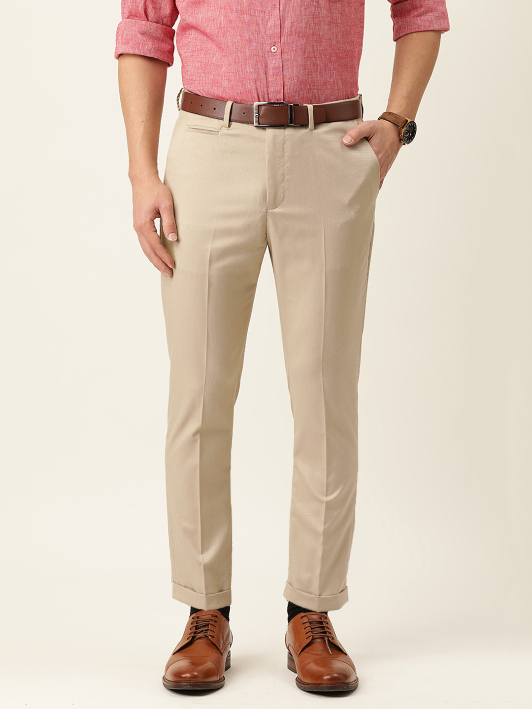 

Peter England Men Beige Textured Carrot Fit Chinos Trousers