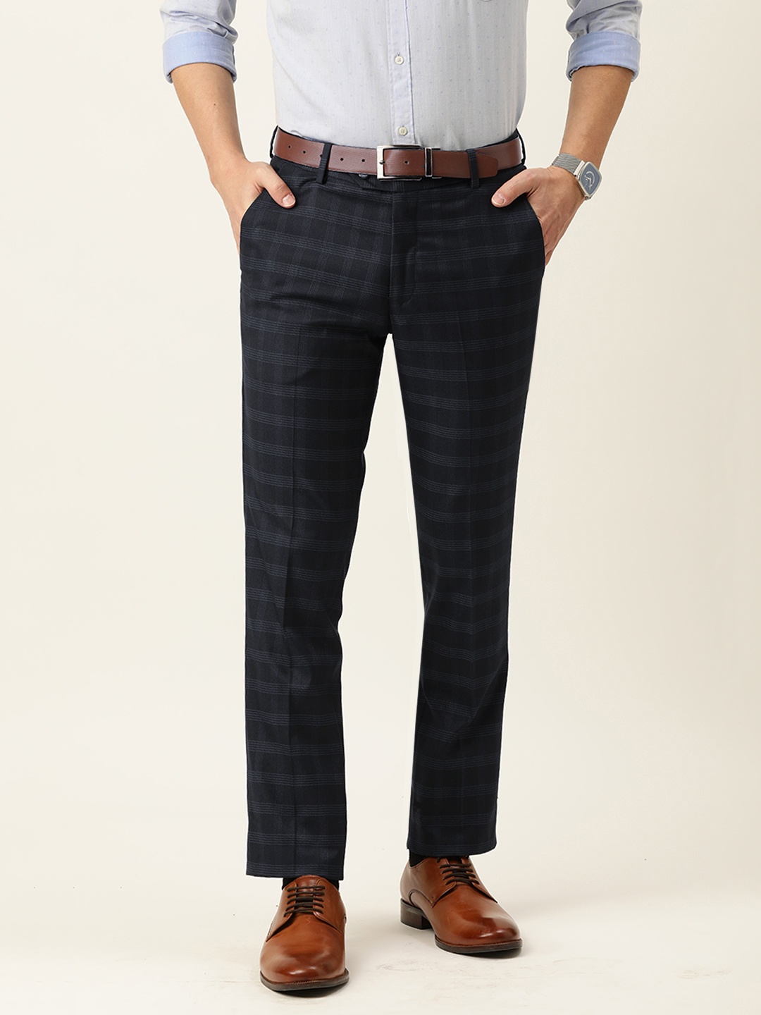 

Peter England Men Navy Blue Checked Slim Fit Trousers