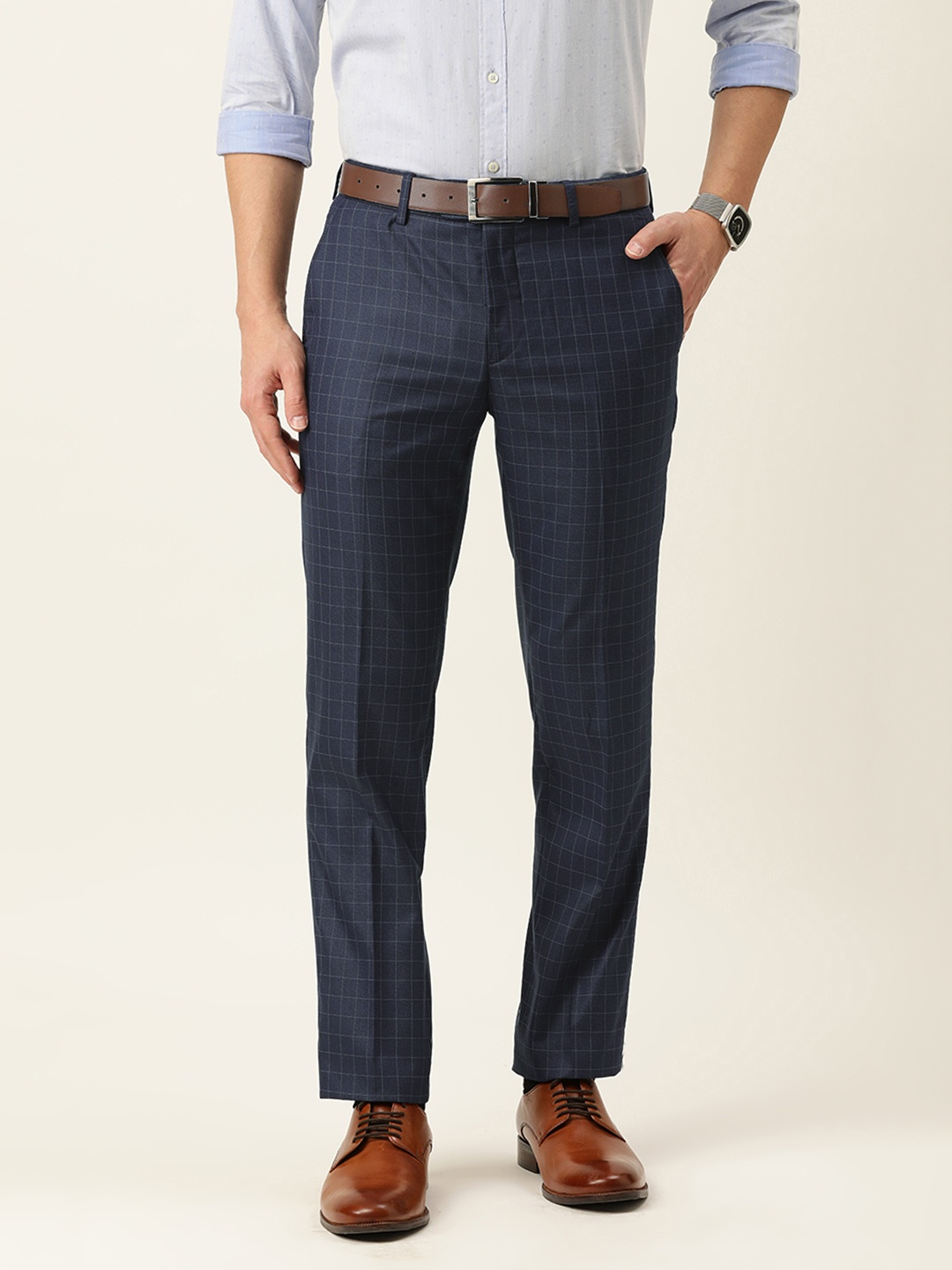 

Peter England Men Navy Blue Checked Slim Fit Mid Rise Trousers