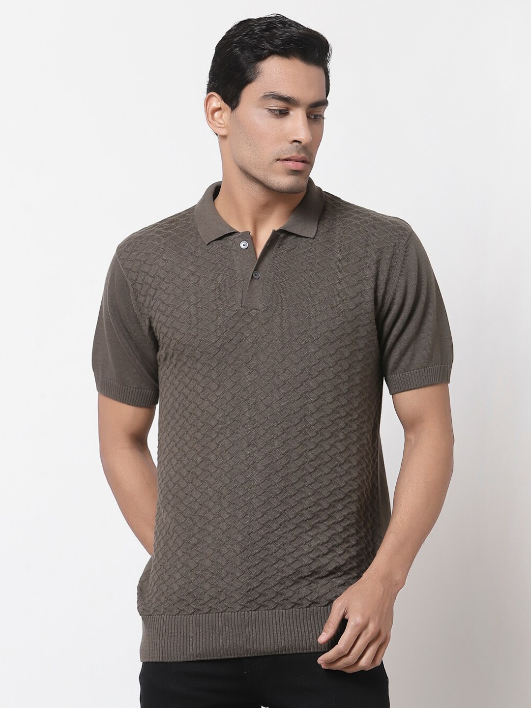 

Style Quotient Men Olive Green Self Design Cotton Polo Collar T-shirt