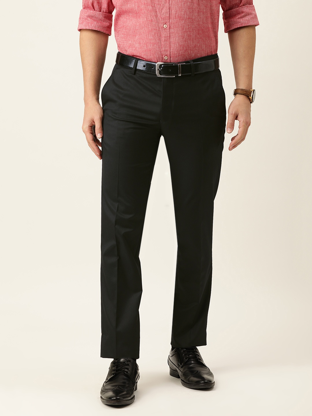

Peter England Men Black Slim Fit Mid Rise Trousers
