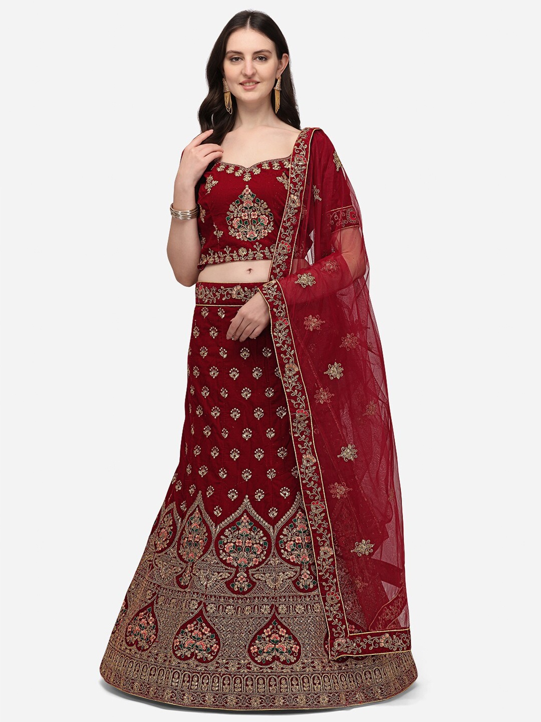 

Netram Maroon & Gold-Toned Embroidered Semi-Stitched Lehenga & Unstitched Blouse With Dupatta