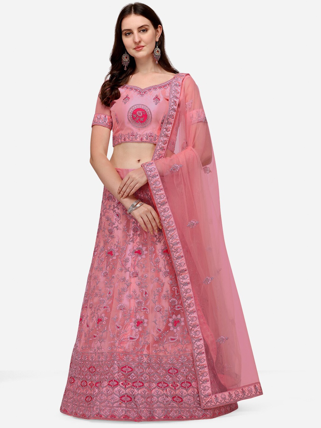 

Netram Pink Embroidered Semi-Stitched Lehenga & Unstitched Blouse With Dupatta