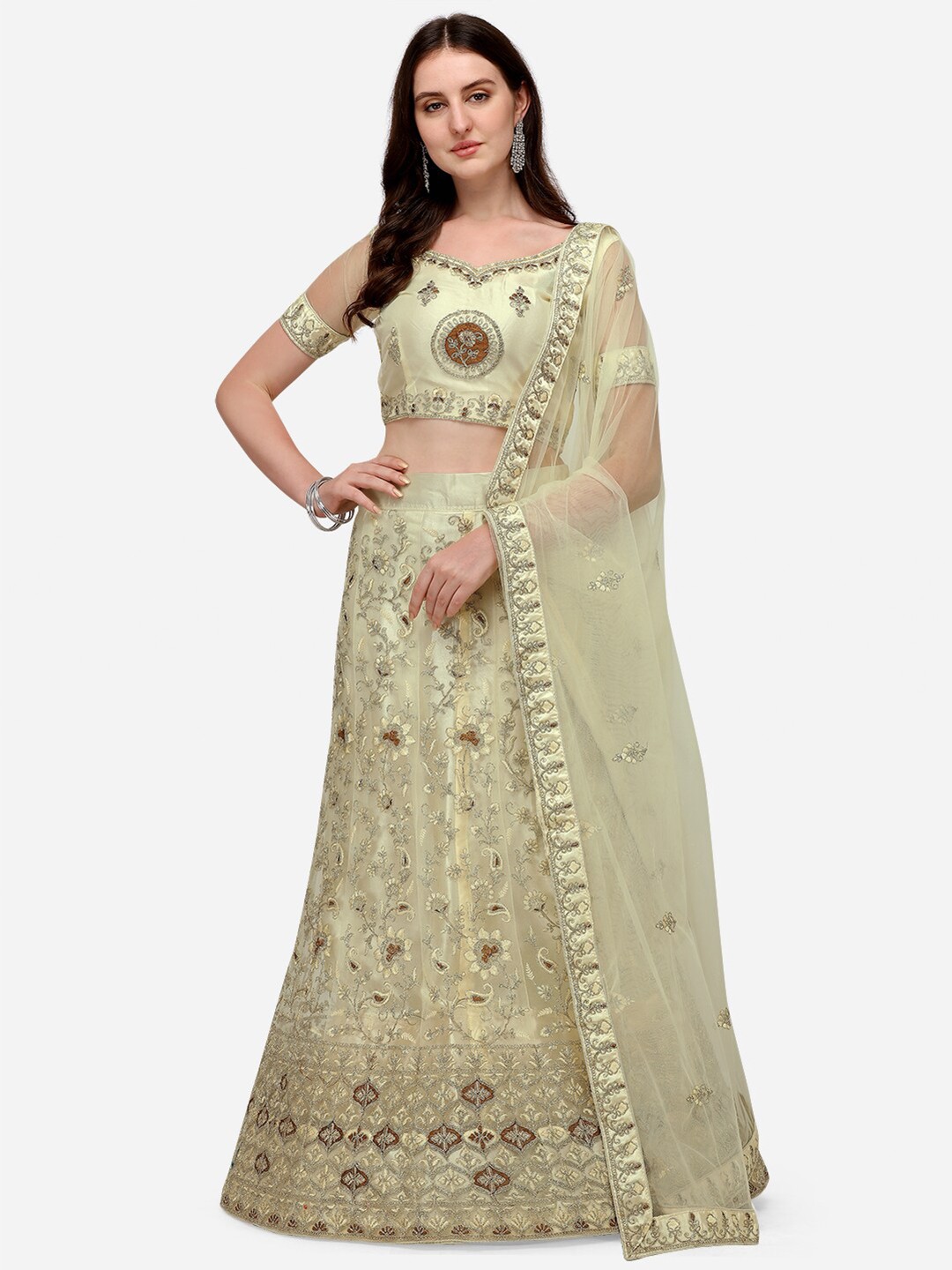 

Netram Beige & Brown Embroidered Semi-Stitched Lehenga & Unstitched Blouse With Dupatta