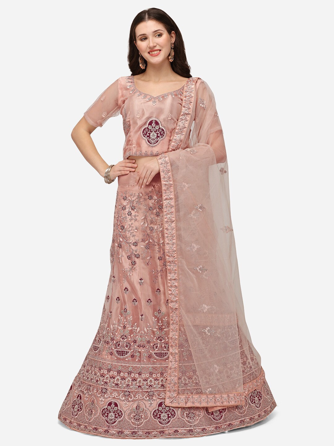 

Netram Peach-Coloured & Maroon Embroidered Semi-Stitched Lehenga & Unstitched Blouse With Dupatta