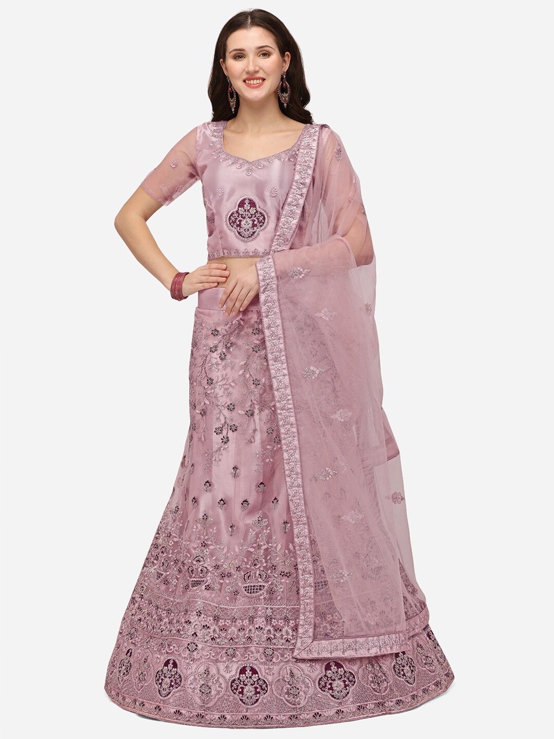 

Netram Lavender & Maroon Embroidered Semi-Stitched Lehenga & Unstitched Blouse With Dupatta