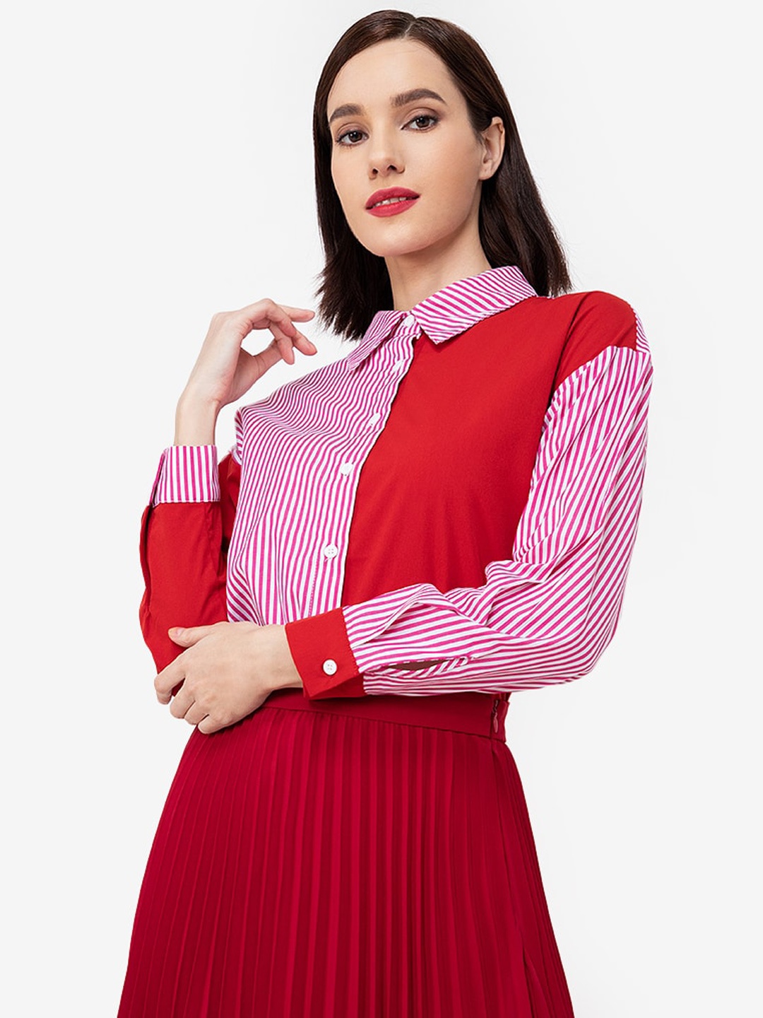 

ZALORA WORK Women Red Colourblocked Contrast Stripes Casual Shirt