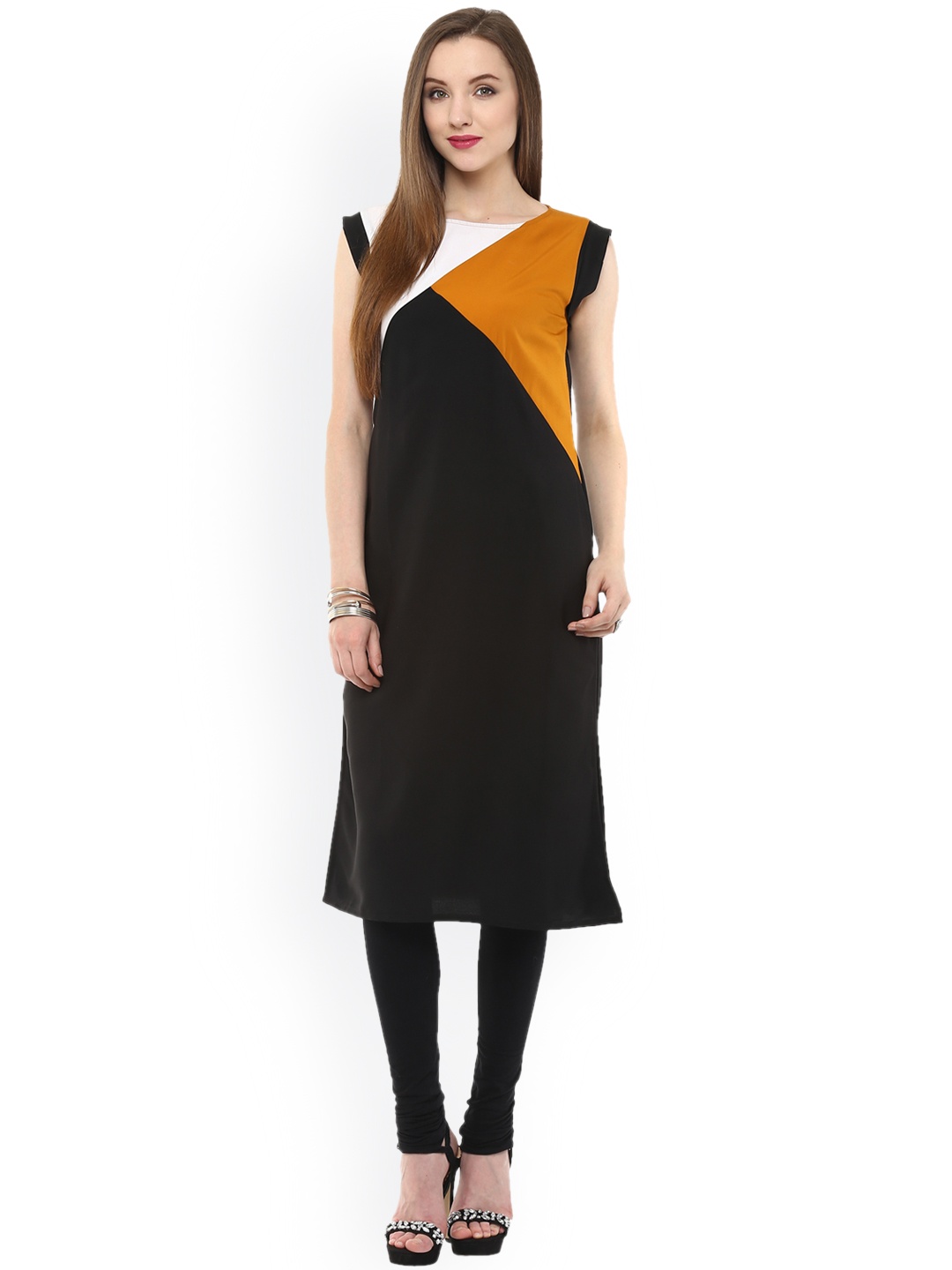 

Pannkh Women Black & Mustard Yellow Colourblocked Kurta