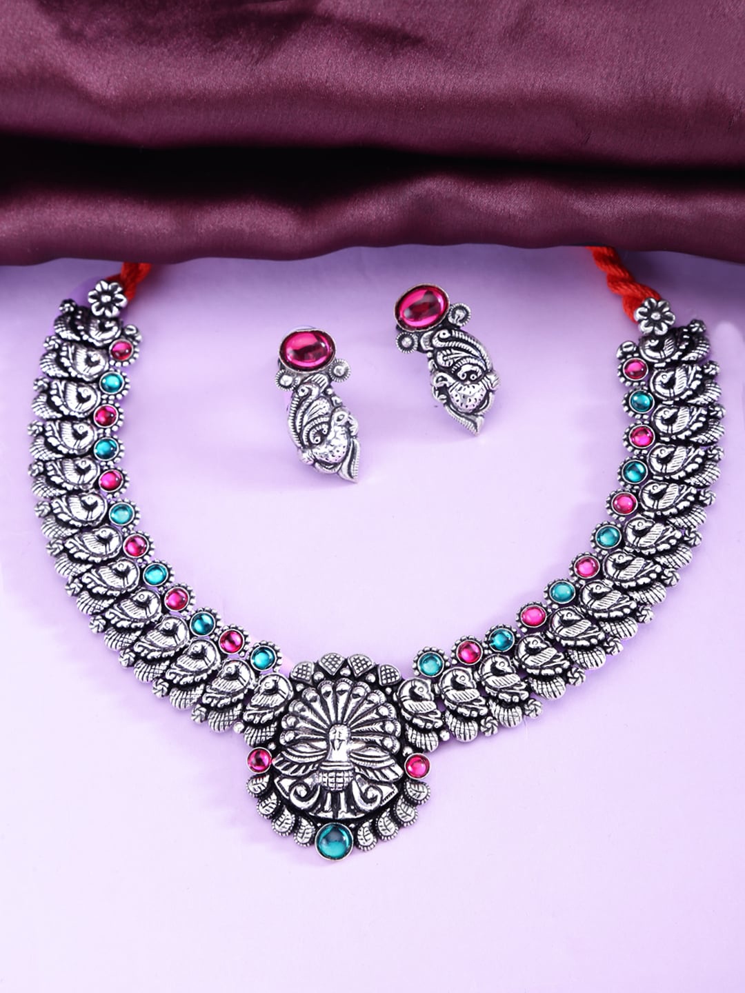

Yellow Chimes Silver-Plated & Stone Studdded Oxidised Jewellery Set