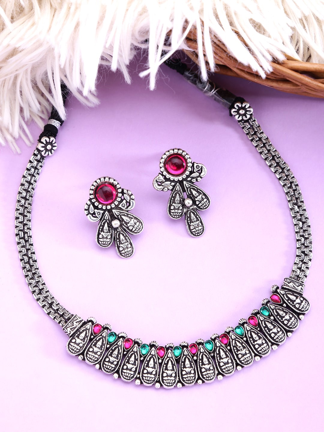 

Yellow Chimes Oxidised Silver-Toned Green & Pink Stone-Studded Lakshmi Jewellery Set