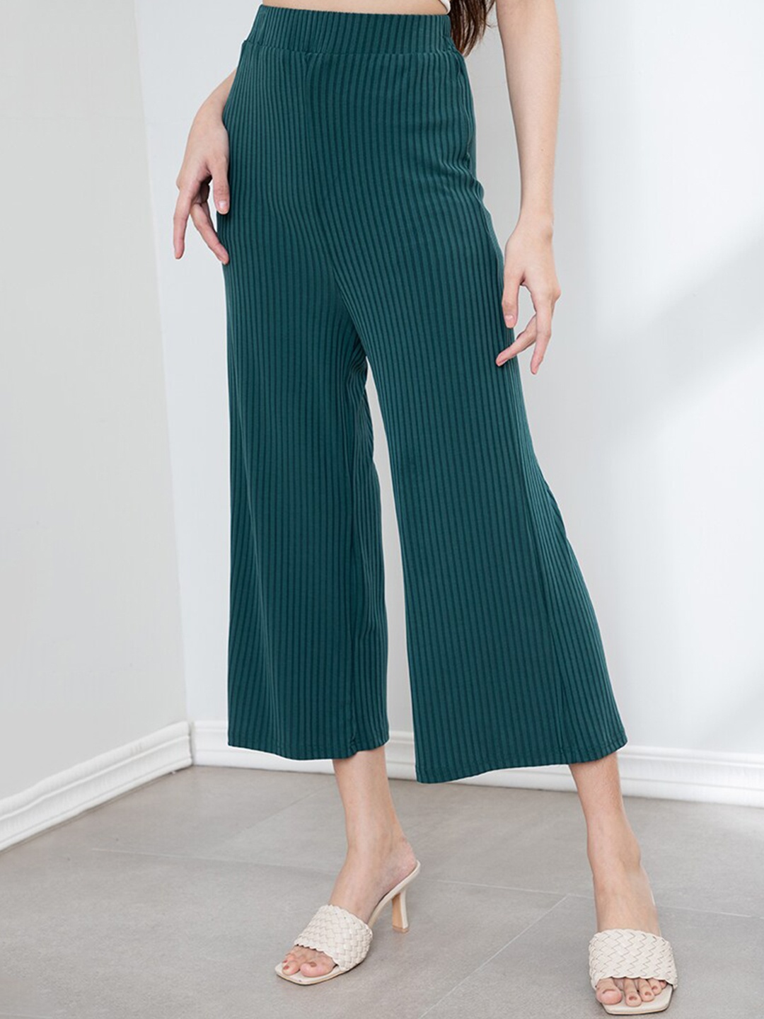 

ORIGIN BY ZALORA Women Green Modal Striped Flared Trousers