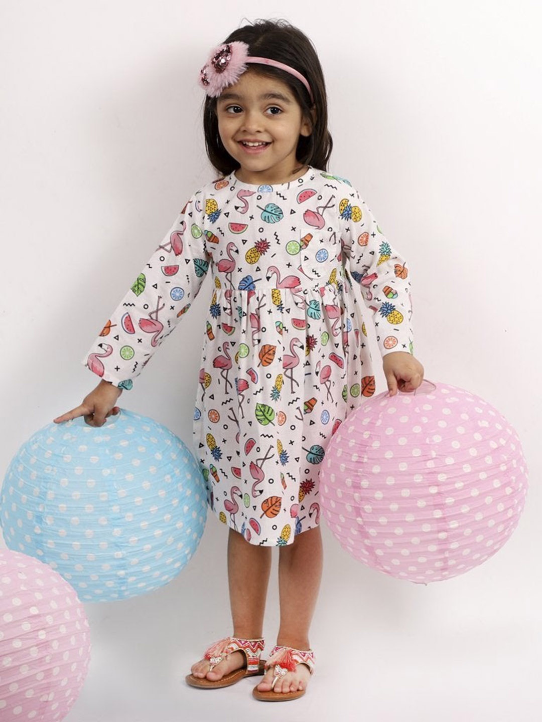 

The Mom Store Girls White & Pink Floral A-Line Pure Cotton Dress