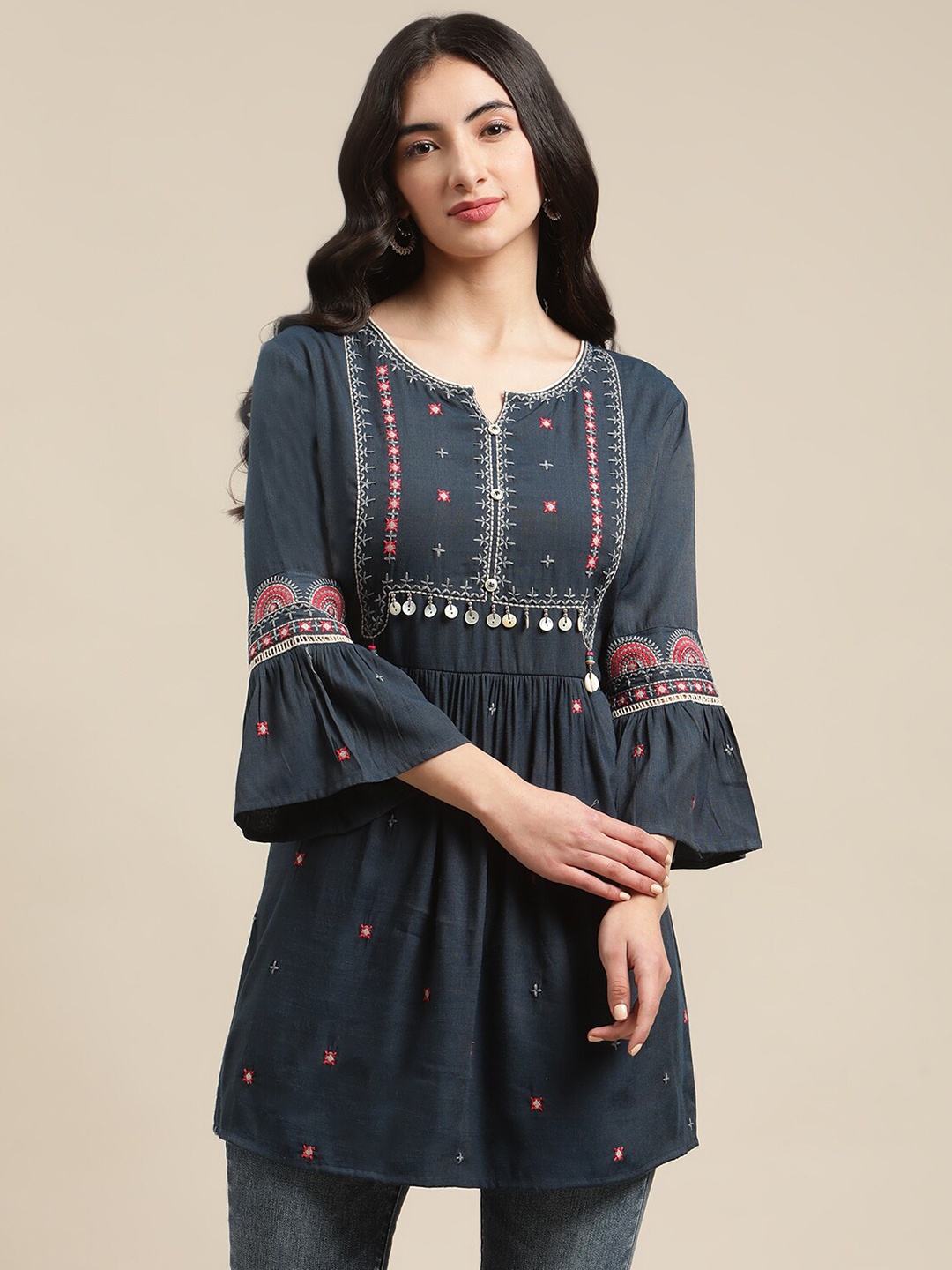 

Varanga Blue Floral Embroidered Longline Top