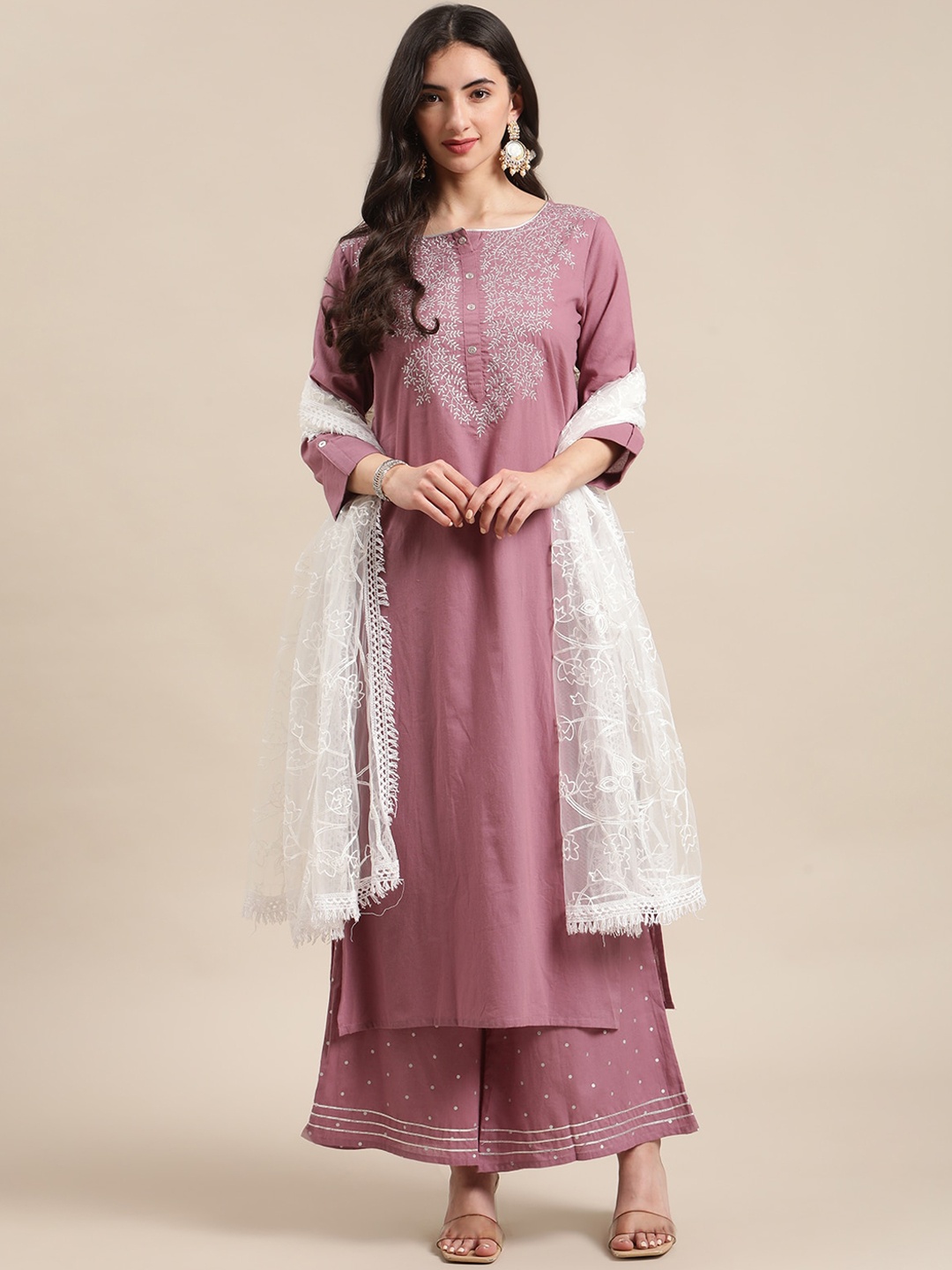 

Varanga Women Mauve Ethnic Motifs Pure Cotton Kurta With Palazzo & Dupatta