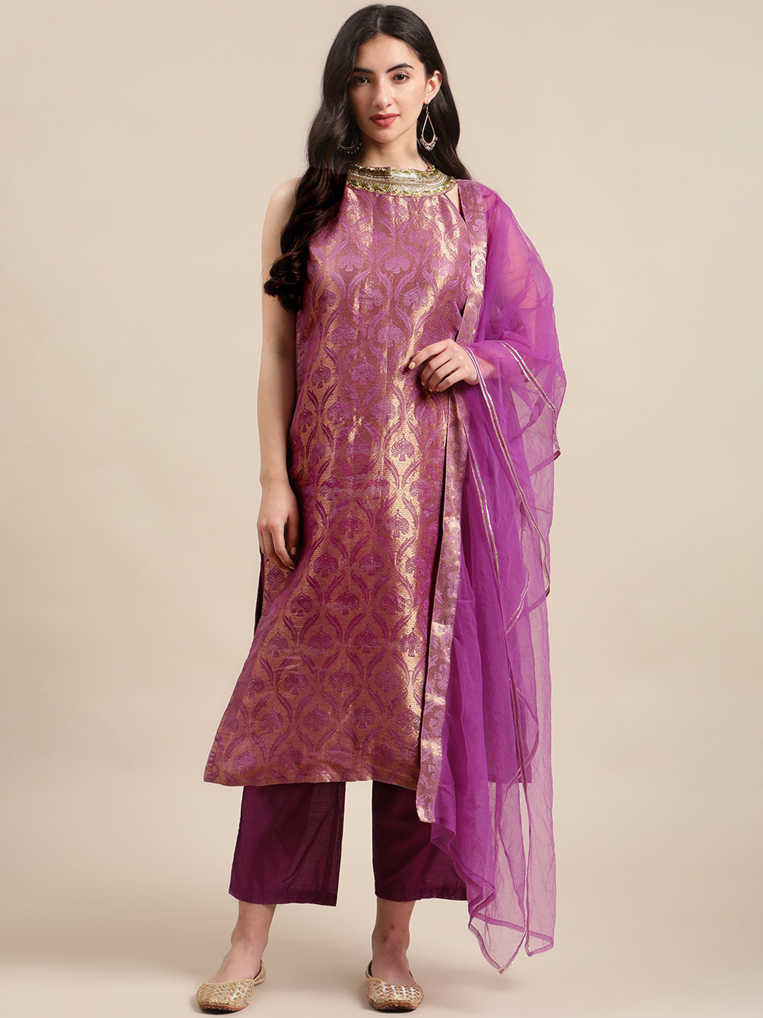 

Varanga Women Purple Ethnic Motifs Woven Design Kurta With Palazzos & Dupatta