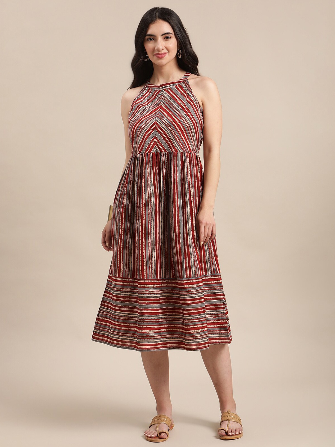 

Varanga Rust Striped Fit & Flare Midi Dress