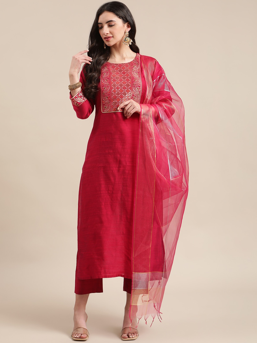 

Varanga Women Red Yoke Design Kurta with Trousers & With Dupatta