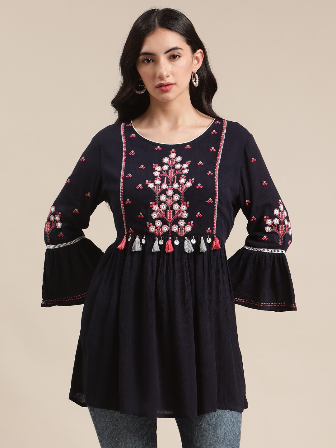 

Varanga Blue Floral Embroidered Cinched Waist Longline Top