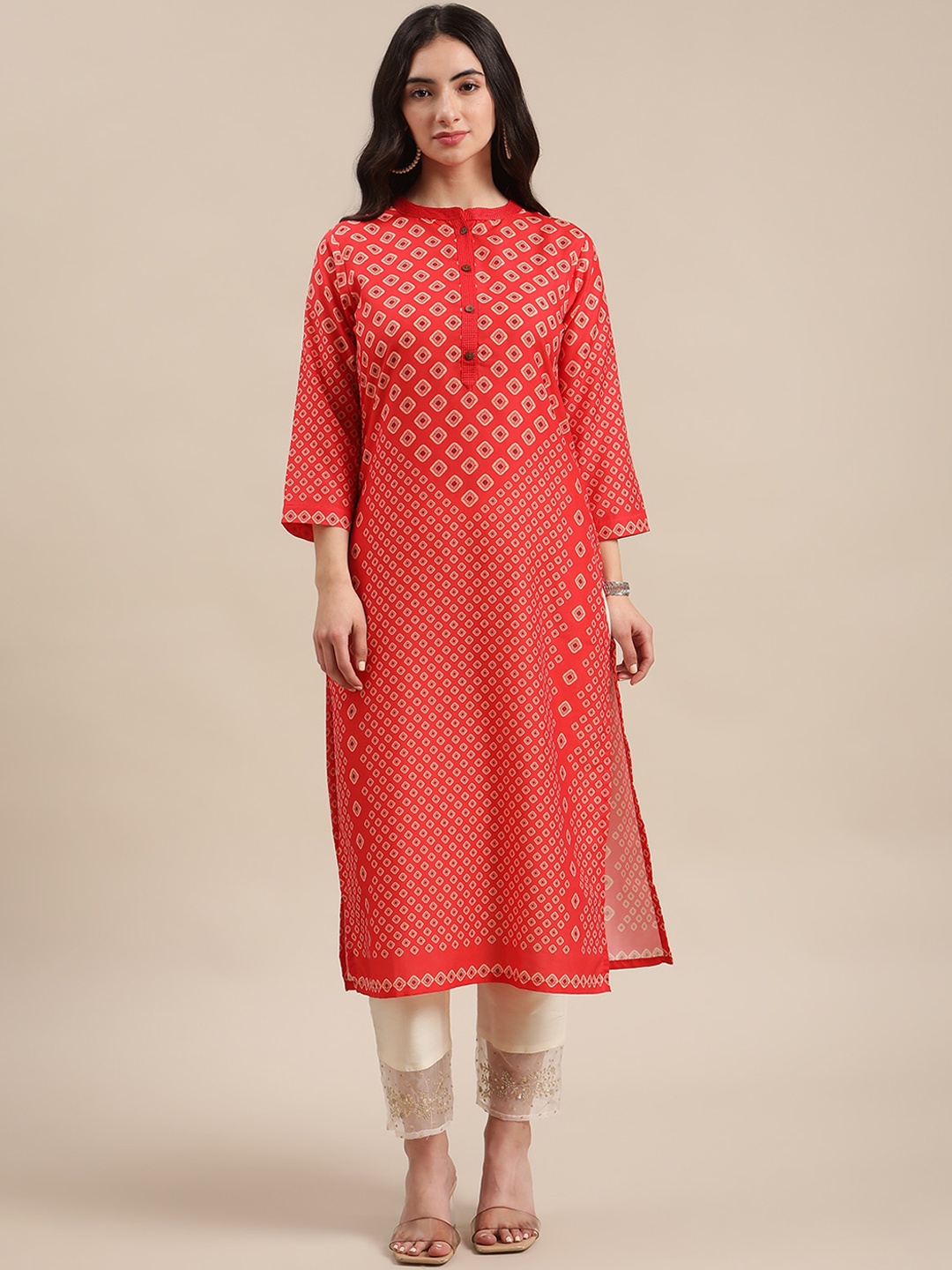 

Varanga Women Red & Beige Bandhani Printed Silk Straight Kurta