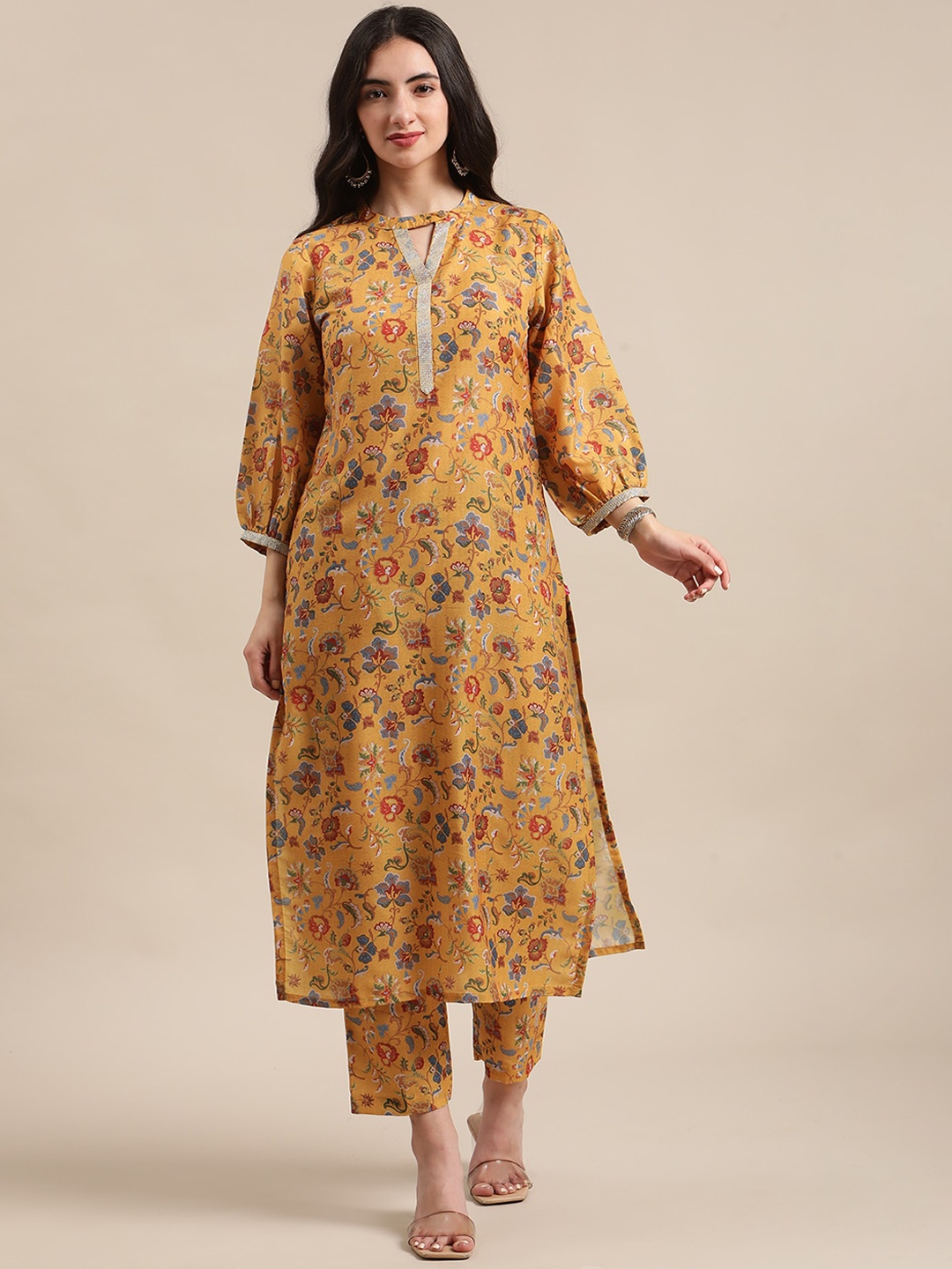 

Varanga Women Mustard Yellow Floral Printed Straight Kurta with Trousers