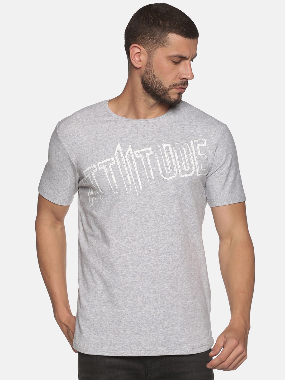 

ATTIITUDE Men Grey Melange Brand Logo Printed Dry Fit Cotton Slim Fit T-shirt
