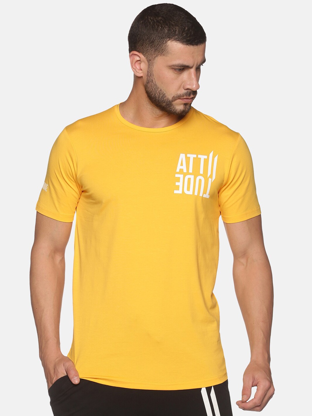 

ATTIITUDE Men Mustard Yellow Typography Printed Pockets Cotton Slim Fit T-shirt