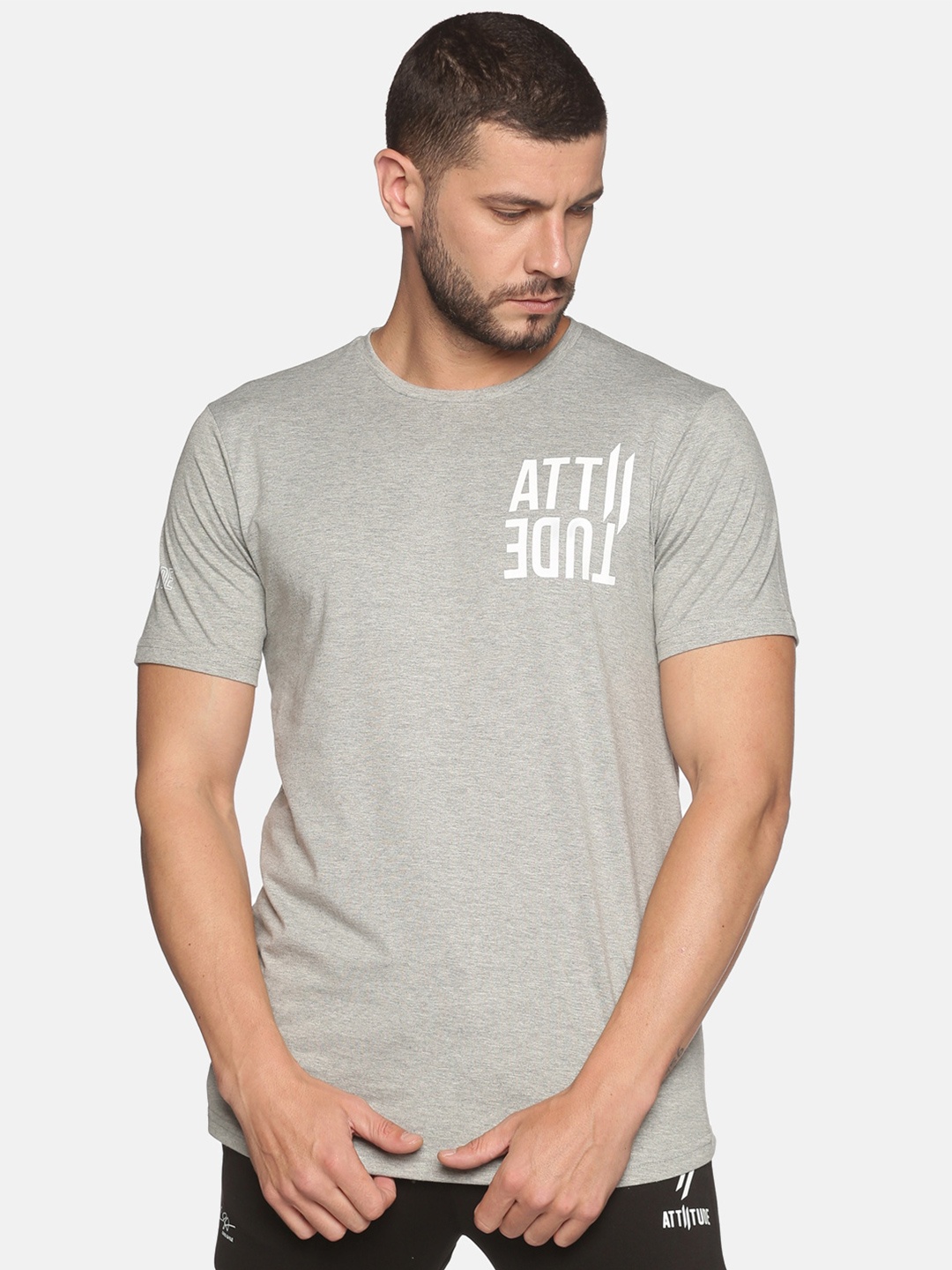 

ATTIITUDE Men Grey Melange Brand Logo Printed Regular Fit Cotton Slim Fit T-shirt