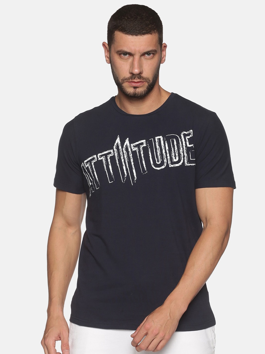 

ATTIITUDE Men Navy Blue Typography Printed Regular Fit Cotton Slim Fit T-shirt
