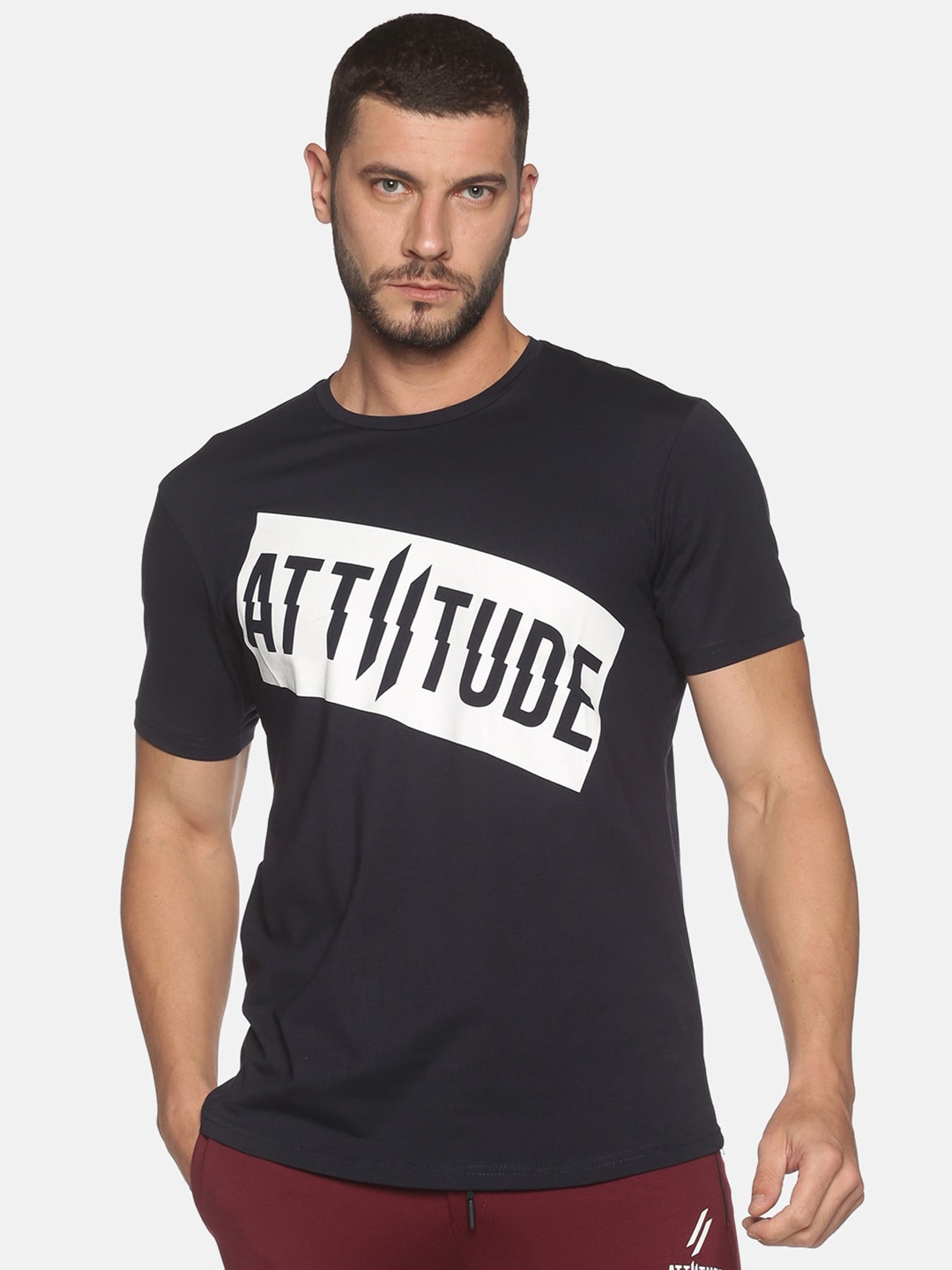 

ATTIITUDE Men Navy Blue Typography Cotton Slim Fit T-shirt
